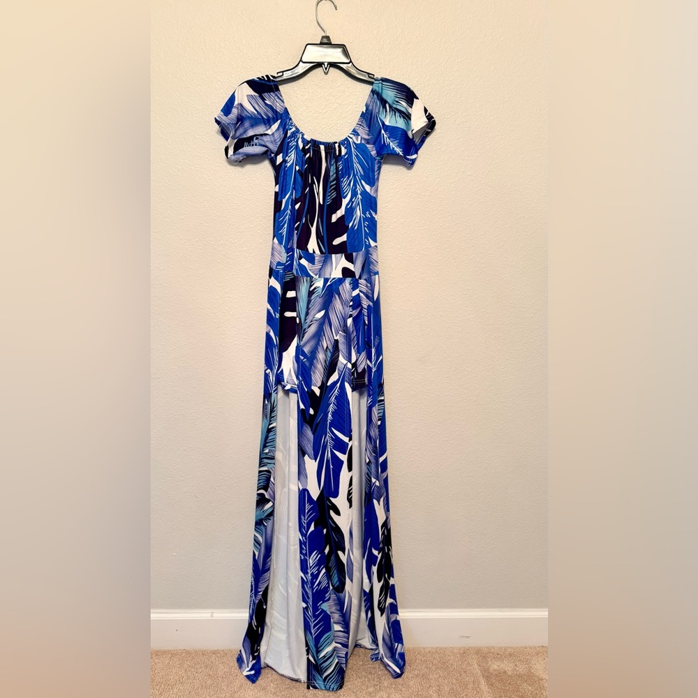 Blue and White Leaf Print Maxi Dress